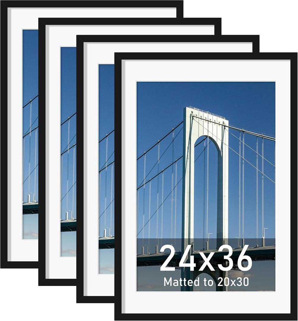 Wiscet 24x36 Poster Frame Set of 4, Display Picture 20x30 with Mat or 24 x 36 without Mat, Photo Frame for Horizontal or Vertical Wall Display, Black