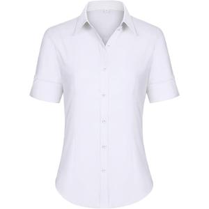 siliteelon Short Sleeve Button Dress Shirts for Women Cotton Button Down Shirts for Women Slim Fit Blouse Top 3/4 Sleeve (Small, White)