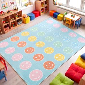 8 x 10ft Circle Time Classroom Rug Smile Face Pastel Emotional Feeling Sensory Corner Items Teacher Rug Educational Soft Fluffy Carpet Floor Mat for Nursery Homeschool Playroom Elementary