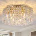 Flush Mount Crystal Chandelier, 18 inch Modern Crystal Ceiling Lights with Warm White Light Bulb (2700K), Flush Mount Small Gold Chandeliers Light Fixtures for Bedroom Living Room Hallway Entryway