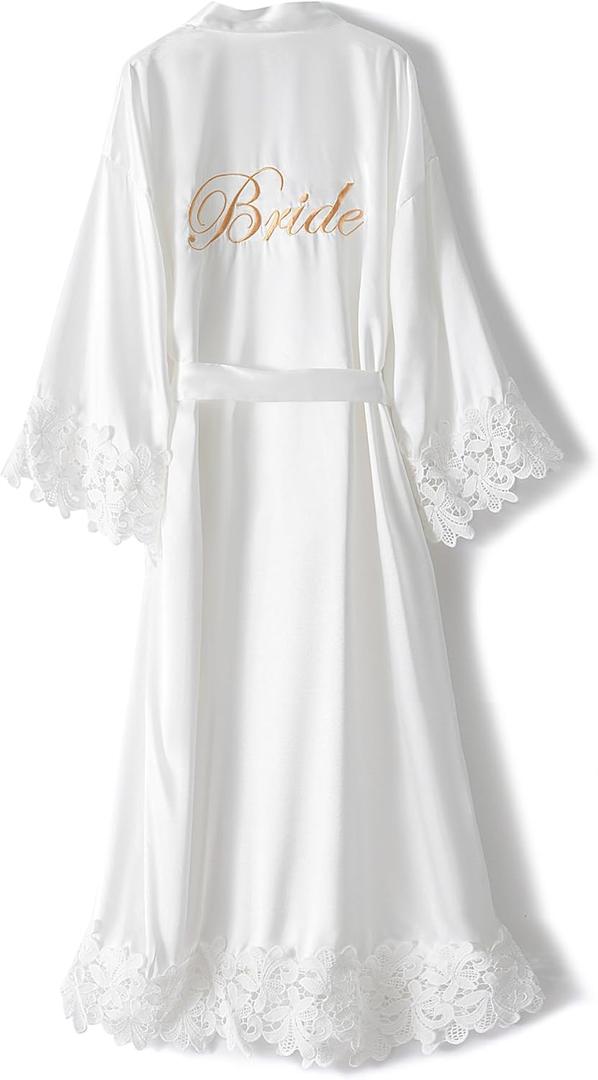 VOGUEMAX Womens Long Bride Bridesmaid Robe Lace Trim Sleepwear Getting Ready of Wedding Silky Kimono Robe (White)