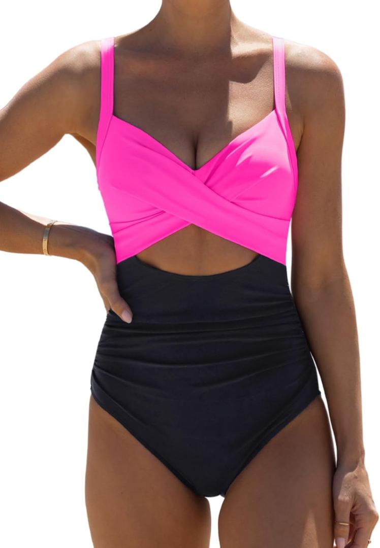 popvil One Piece Swimsuit Women 2025 Tummy Control High Waisted Bathing Suit V Neck Swimwear Cut Out Tie Back Swim Suits (Medium, Red1)