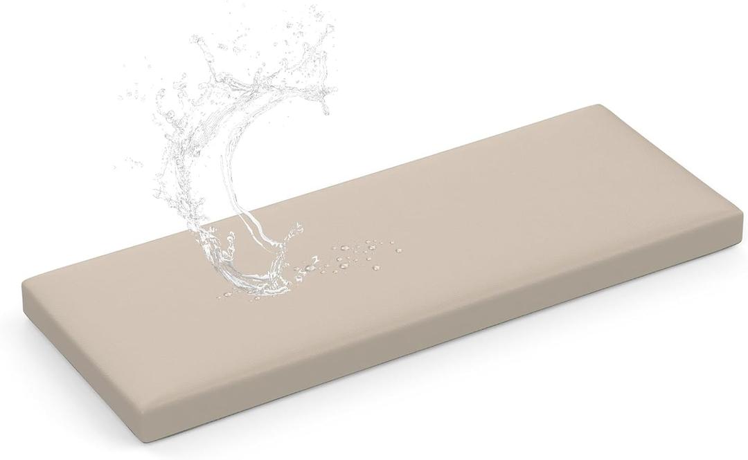 Shinnwa Waterproof Bench Cushion with Ties for Indoor Furniture, Dual-Layer Memory Foam Bench Seat Cushion with Faux Leather Cover and Non-Slip Bottom, 42 x 16 x 2”, Light Camel