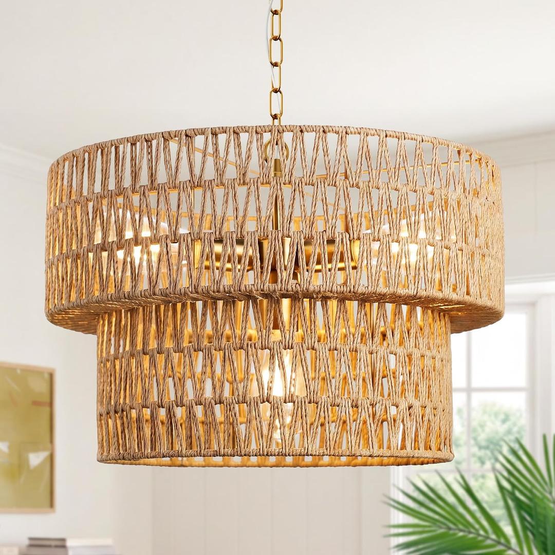 Boho 17” Rattan Chandelier Light Fixture, 4-Light Hand Woven Rattan Pendant with 2-Tier Wicker Shade, Adjustable Farmhouse Ceiling Hanging Light for Dining Room, Kitchen, Living Room, Bedroom, 17.7 inch