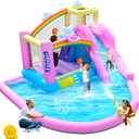 Inflatable Bounce House Water Slide Combo, Blow Up Water Slides for Backyard, Kids Jumper with Climbing Wall, Basketball Hoop, Splash Pool with Blower