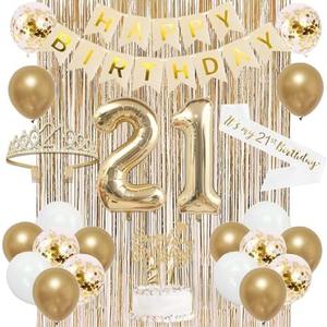 Trgowaul 21st Birthday Decorations for her, Champagne Gold Happy 21st Birthday Supplies for Girls, 21 Sash and Crown, Banner, Fringe Curtains, Cake Topper, 21 Year Old Party Supplies Set