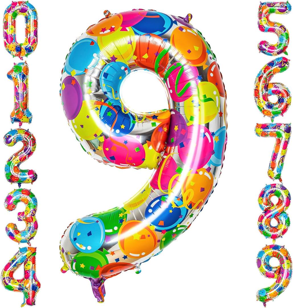 2 x Rainbow Number 9 Balloon, 40 Inch Large Colorful Foil Number Balloons One Balloons for 9th Birthday, Huge Mylar Numbers 9 Year Old Birthday Party Supplies Balloons