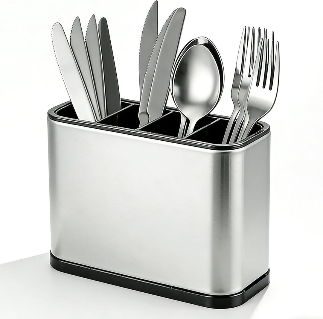 Utensil Holder, Silverware Organizer Caddy for Countertop Kitchen with 4 Compartments, Flatware Spoon Fork Tool Cutlery Holder Utensil Crock with Drain Tray for Counter Party Office, Silvery