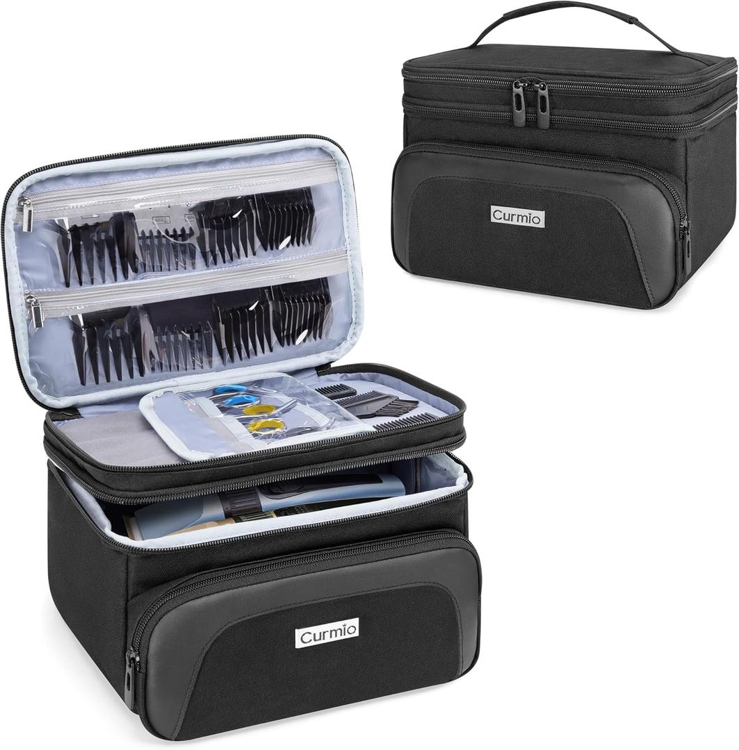 CURMIO Travel Carrying Case for Hair Clipper, Double Layer Barber Supplies Hair Cutting Tools Storage Bag Compatible with Ufree/Wahl/Andis/Hatteker/Osterpro and Most Standard Men Hair Trimmer