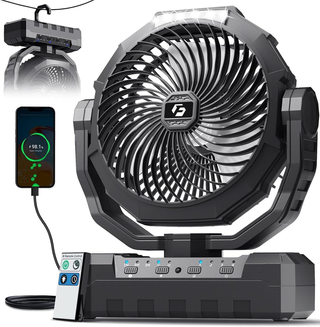FRIZCOL 3-in-1 Camping Fan - Portable Fans Rechargeable - 24000mAh Battery Powered Fan with Light & Remote for Indoor, Outdoor, Tent, Travel, Fishing, Jobsite, Gifts for Men Dad Him - Black