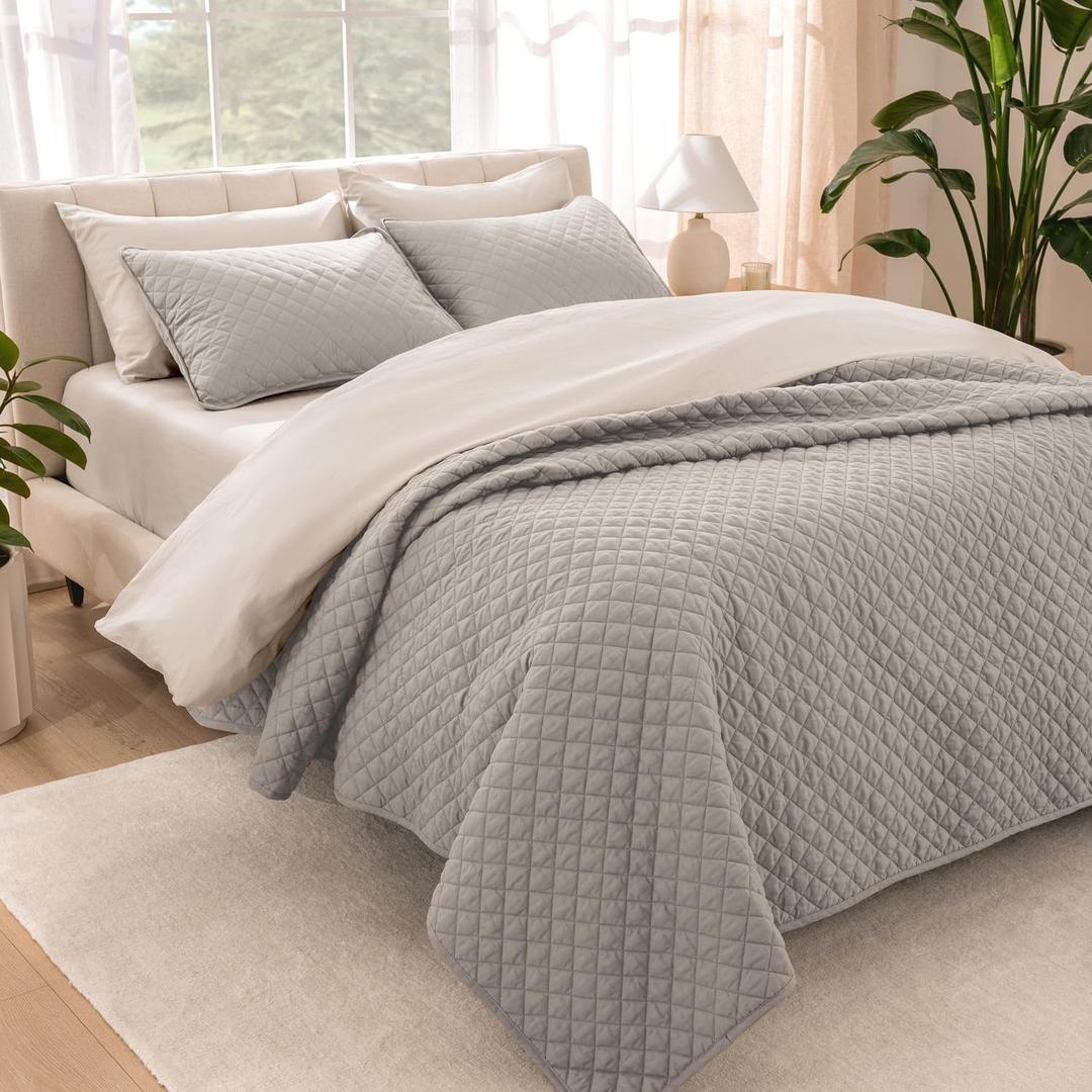 Bare Home Coverlet Set - Twin/Twin Extra Long - Lightweight Bed Decor - Comforter Alternative - All-Season Quilted Bedspread (Twin/Twin XL, Light Grey)