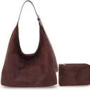 2PCS Brown Suede Bags for Women - Trendy Adjustable Strap Hobo Tote Shoulder Handbag, Fall Winter Faux Suede Purse with Pouch (Coffee)