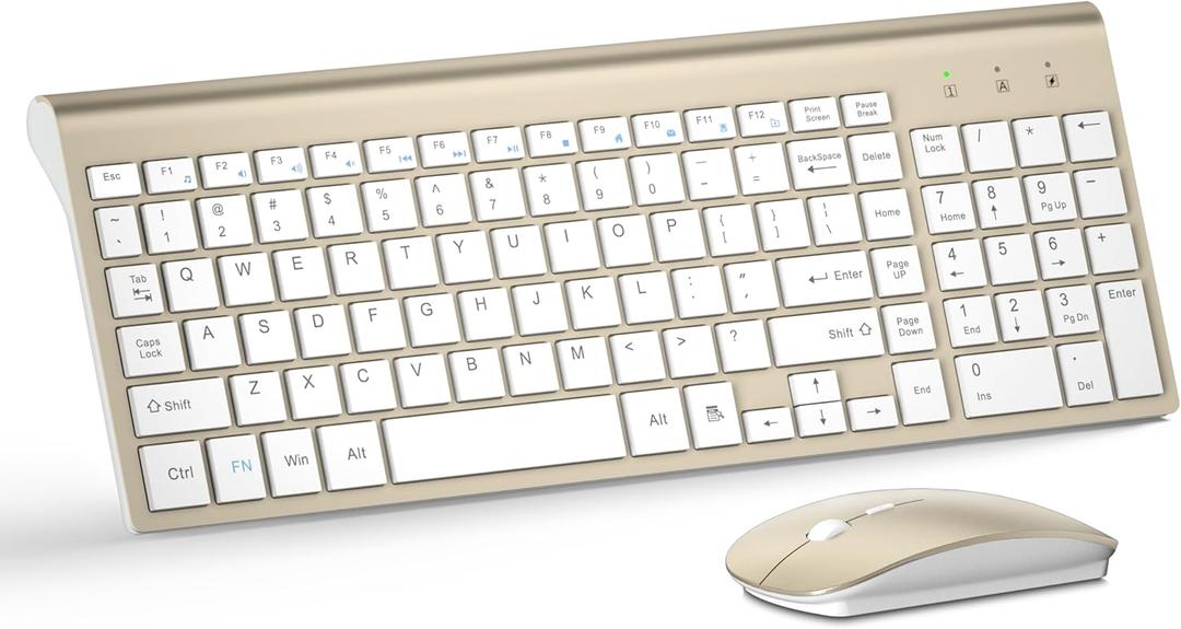 Wireless Keyboard and Mouse Ultra Slim Combo, TopMate 2.4G Silent Compact USB 2400DPI Mouse and Scissor Switch Keyboard Set with Cover, Batteries Included, for PC/Laptop/Windows/Mac - Gold White