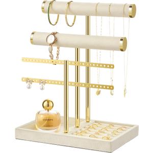 3 Tier Bracelet Holder Display - Detachable T Bar Beige Velvet Bracelet Holder, Jewelry Holder Organizer for Bracelet, Necklace, Earrings, Rings (Large)
