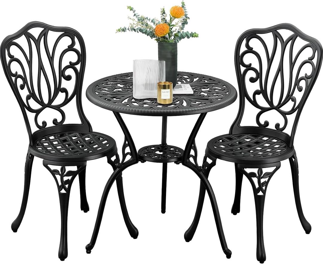 3-Piece Outdoor Bistro Set Cast Aluminum Patio bar Set with Umbrella Hole, Balcony, Backyard(Black, Butterfly)