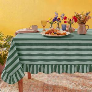 Tudomro 1 Pcs Ruffle Edge Striped Tablecloth, 84'' x 60'' Scalloped Table Cover, Farmhouse Linen Fabric Cloth for Rectangle Table, Dining Room Bridal Shower Wedding Holiday Party(Forest, Mint Green)