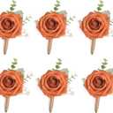 Burnt Orange Rose Boutonniere with Eucalyptus for Men, Set of 6, Wedding Flower Boutonnieres with Pins for Groom and Best Man Wedding Ceremony Anniversary, Homecoming Prom Party (6pcs Burnt Orange Boutonnieres)