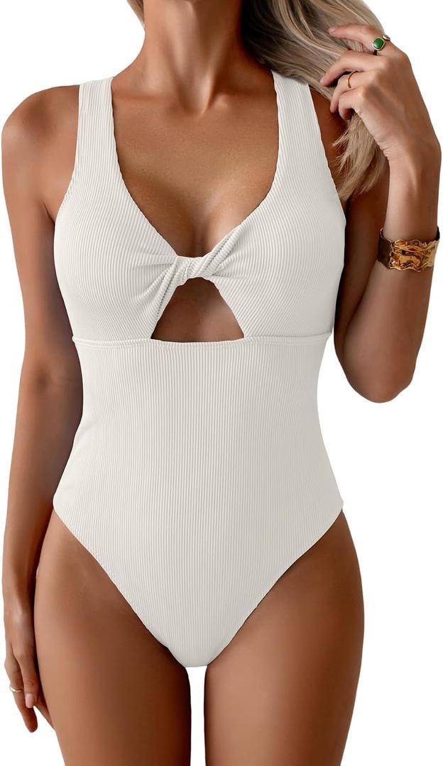 Aidonger Women's Swimsuit Ribbed Tummy Control One Piece Bathing Suit Twist V Neck Swimwear Metal Buckle Backless Swim Suit (White, S)