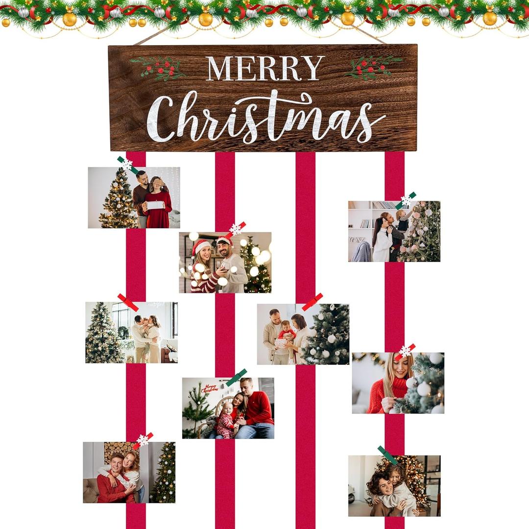 Christmas Card Holder Display, Wooden Xmas Hanging Picture Holder with 30 Photo Clips, Merry Christmas Gift Card Display Farmhouse Wall Door (Brown)