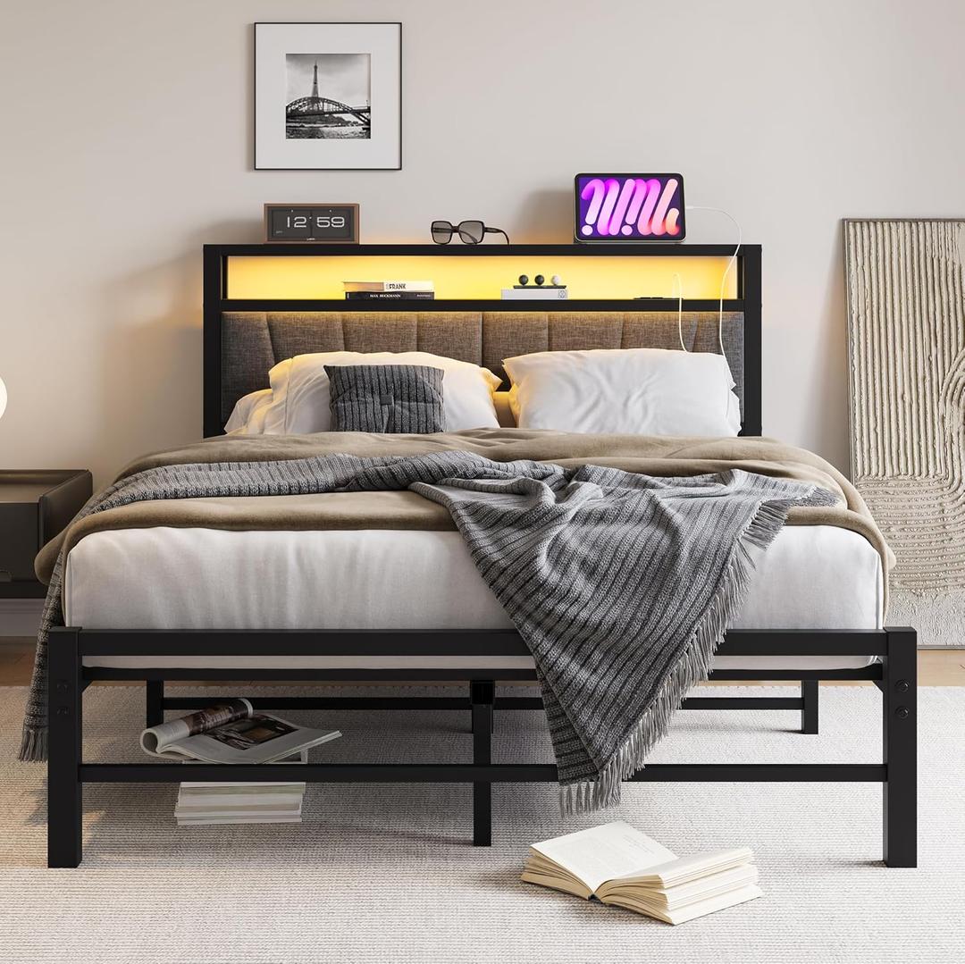 BOFENG Full Bed Frame with Upholstered Storage Headboard and Charging Station,LED Lights,Heavy Duty Metal Platform Double Bed Frame Full Size No Box Spring Needed,Strong Metal Slats,Noise Free,Grey (Black)