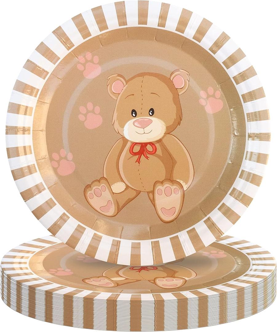 Pandecor 50 Pieces Bear Paper Dessert Plates,7 Inches Disposable Cartoon Bear Cake Plates for Baby Shower and Birthday Party