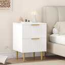 White Nightstand Set of 2, Fluted Night Stand with Charging Station, 13.8" D x 15" W x 23.2" H, 2 Drawers Modern Bedside Table with USB Ports and Outlets, Golden Side Table for Bedroom