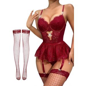 Lilosy Sexy Stocking Rhinestones Heart Garter Underwire Floral Mesh lace Sheer Baby doll Lingerie Teddy Bodysuit Skirt Set (Burgundy Red)