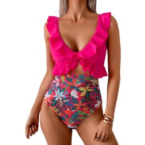 Eomenie One Piece Swimsuit for Women Tummy Control Ruffle Bathing Suit V Neck Ruched Swim Suit Slimming Cutout Swimwear (Medium, Hot Pink Floral)