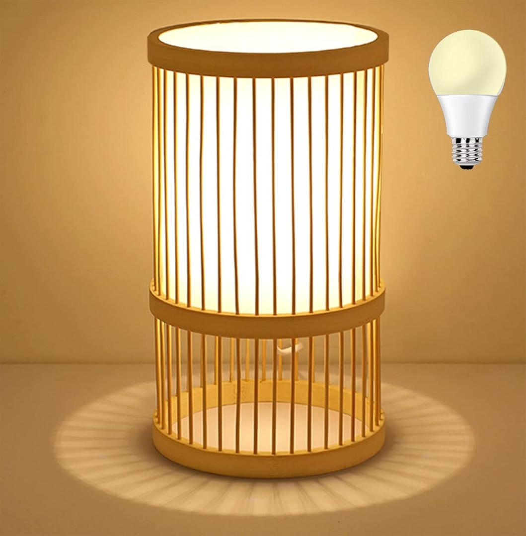 AFORTLO Table Desk Lamp,Bamboo Boho Decorative Nightstand Night Light Japanese Hollow-Out Lamp Home Decor for Bedroom,Living Room,End Table or Office with Bulb