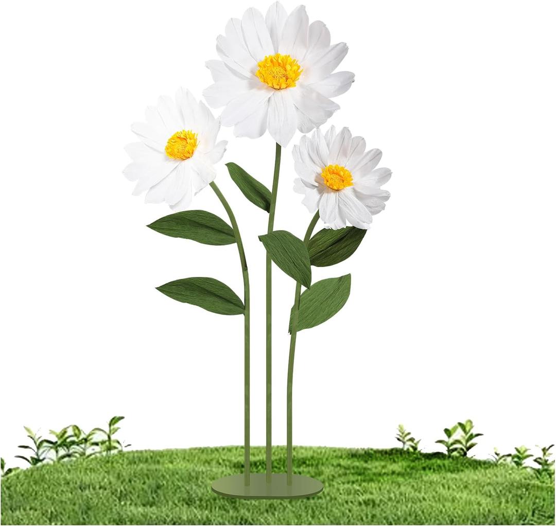 Mverse Giant Standing Flowers with Heavy Duty Base, 5-7ft Life Size Artificial Paper Dasiy Decorations for Wedding Backdrop, Nursery Wall Decor & Luxury Party Photo Booth Props (White)