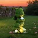 Solar Dragon Statue Garden Decor Green Flocked Resin Figurine with LED Flower Lights, Outdoor Waterproof Lawn Ornament for Patio Lawn Yard Pathway Tree Cute Animal Lover Gift