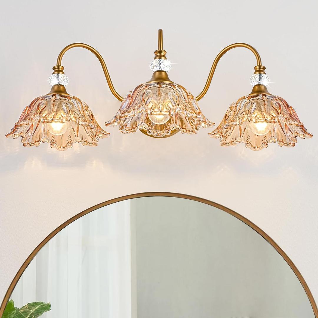 Vintage Bathroom Vanity Light, 3-Light Matte Brass Finish Vanity Light with Flower-Shaped Amber Glass Shades, Retro Wall Sconce for Bathroom, Dressing Table