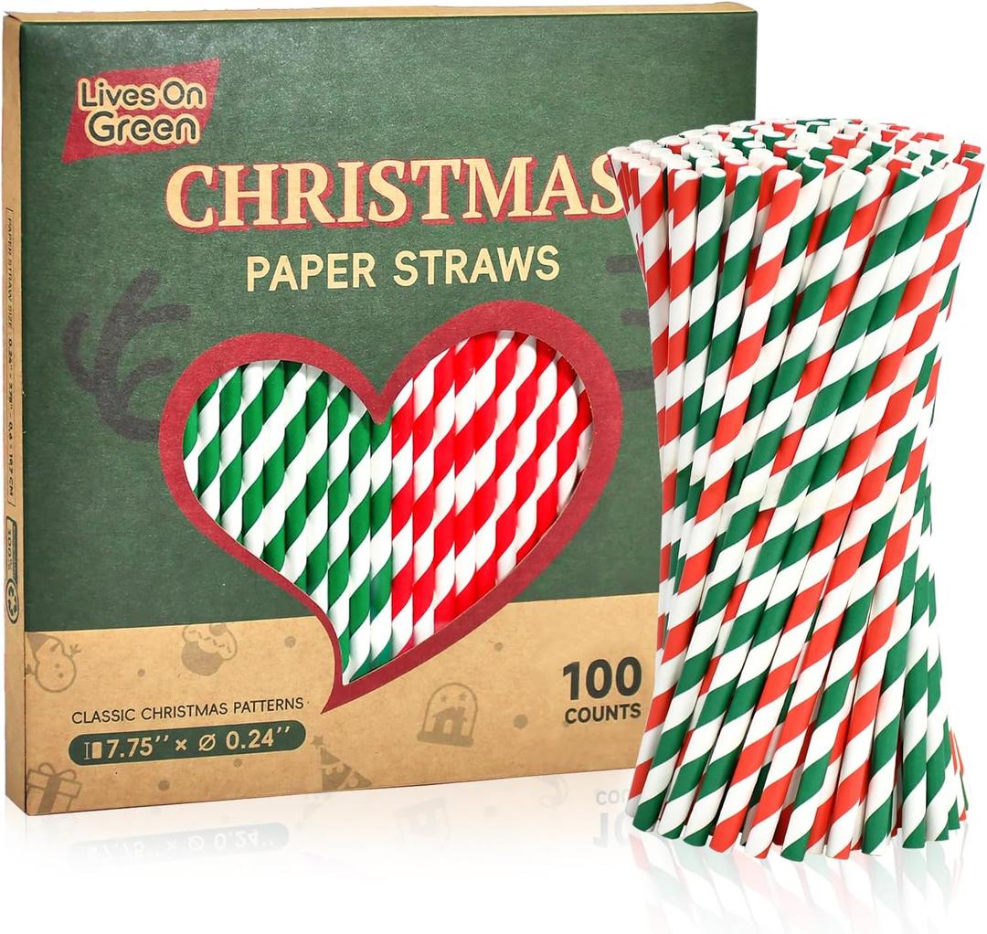 3 x Christmas Paper Straws Green Red Striped7.75 inch, Biodegradable Disposable Holiday Drinking Straws, Party Decoration Straws - 100 Pack (Classic stripes-100)