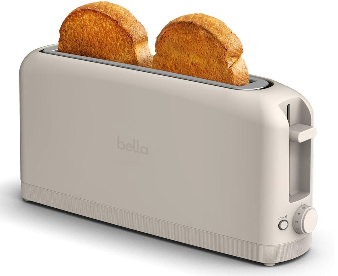 bella 2 Slice Slim Toaster, Fitsanywhere™ Kitchenware, 6 Setting Shade Control with Reheat & Cancel Buttons, Fits sourdough, 10” Long Slot, Anti Jam & Auto Shutoff, 900 Watt, Oatmilk