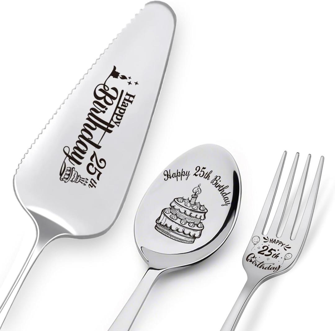 Happy 25th Birthday Personalized Laser-Engraved Stainless Steel Birthday Party Utensil Set - Cake Server, Spoon, and Fork for Son Daughter Boyfriend Girlfriend Happy 25th Birthday Personalized Laser-Engraved Stainless Steel Birthday Party Utensil Set - Cake Server, Spoon, and Fork for Son Daughter Boyfriend Girlfriend