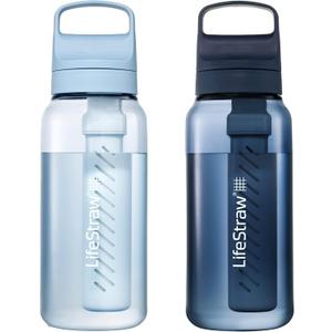 LifeStraw Go Series BPA-Free Water Filter Bottle for Travel and Everyday use removes Bacteria, parasites and microplastics, Improves Taste, 1L 2-Pack; Icelandic Blue and Aegean Sea