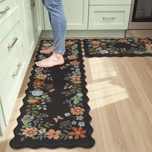 Collive Anti Fatigue Mats for Kitchen Floor, Scalloped Cushioned Comfort Kitchen Rugs Set of 2 Waterproof Non Skid Padded Kitchen Floor Mat, Boho Floral Rug Black Standing Carpet for Office, Laundry (17.3"x59"+17.3"x29")