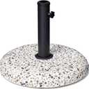 45lbs Patio Umbrella Base, Outdoor Umbrella Stand, Concrete with Cobblestone Decor Heavy Duty Umbrella Holder Outdoor Base for Deck Poolside Yard (Cobblestone) (Round with Wheels)
