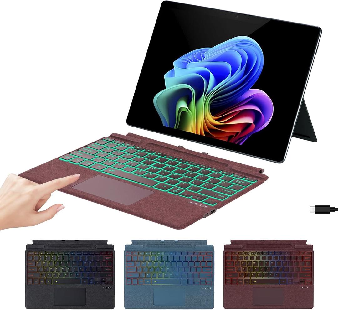 Microfiber Leather Keyboard for Surface Pro 11/10/9/8/X, Bluetooth Keyboard Type Cover with Palm Rejection Touchpad, Pen Holder, Type-C Charging, 7-Color Backlight for Microsoft Surface Pro