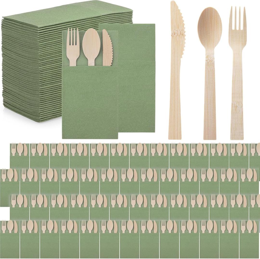 Gueevin 200 Pcs Wooden Cutlery Set Disposable Wood Utensil for 50 Guest Fork Spoon Knives Linen Napkin Disposable Cutlery for Wedding Party Supplies Event and Takeout (Light Green)