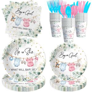 APOWBLS Gender Reveal Decorations, Greenery Baby Clothes Theme Boy or Girl Gender Reveal Baby Shower Party Supplies, He or She Paper Plates and Napkins Set, Cups, Disposable Cutlery, Serves 24