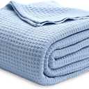Bedsure 100% Cotton Blanket Queen Size for Bed - Breathable and Soft, Waffle Weave Blanket for Summer Spring, Sky Blue, 90x90 Inches