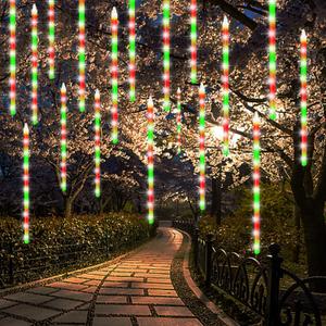 24 Tubes Meteor Shower Lights, Outdoor Icicles Christmas Decor, 12 Inch 864 LED Snow Falling Iciclelights, Connectable Raindrop, Xmas Wedding Party Tree Holiday, Red & Green