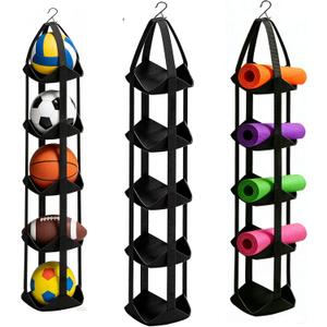 BOXIN 5-Tier Hanging Ball Storage Organizer with Hook for All Sports Balls, Sports Equipment Organizer Holder Toy Organizers, Vertical Hanging Storage,Space-Saving,Home Gym Decor,Yoga Mat Holder (Black)