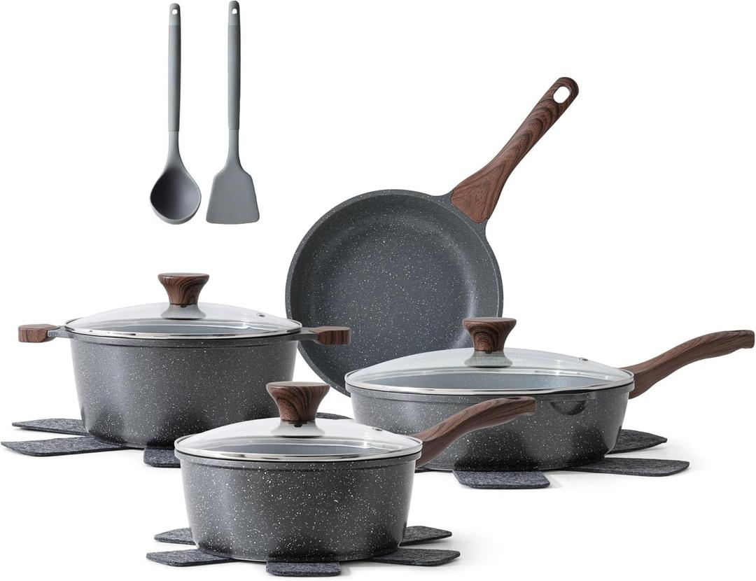 SENSARTE Nonstick Cookware Set 13-Piece, Non Stick Pots and Pans Set with Swiss Granite Coating, Healthy Kitchen Cooking Set, Stay-Cool Handles, PFOA Free (Gray)