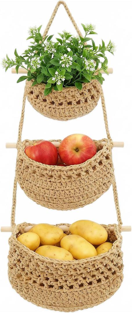 Hanging Fruit Basket, 3 Tier Cotton Woven Wall Basket, Removable Wall Hanging Baskets for Kitchen Bathroom Storage, Plants Holder, Vegetable Onion Organizing, Boho Decor (Beige, 32 Inch)
