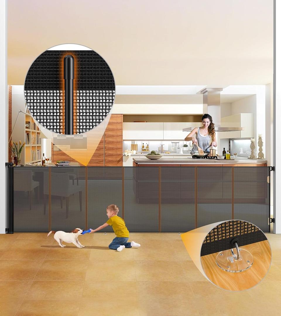 200'' Retractable Baby Gates Extra Wide, 42'' Extra Tall Dog Gate, 16 FT Black Child Pet Safety Fence, Indoor Outdoor Long Mesh Gate with Reinforcement Rods for Stairs, Garage, Decks, Driveway, Patio