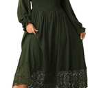 SHESTARR Women's Plus Size Maxi Dress Long Sleeve Square Neck Smocked Flowy A-Line Lace Trim Wedding Guest Dresses (Green, XXXL)