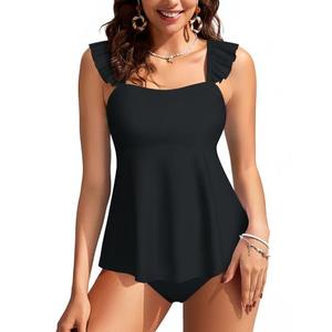 Kate Kasin Bathing Suit for Women Tummy Control Tankini Swimsuits Two Piece Flowy Swimwear Tankini Sets(Black, Large)