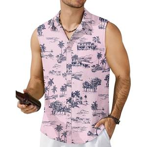 COOFANDY Men's Sleeveless Beach Shirts Summer Button Up Tank Tops Casual Textured Tank Pink Tropical Palm Tree Shirt, Large